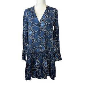 ZARA Dress Drop Waist Snakeskin Print Deep V-neck Button Blue Size Small